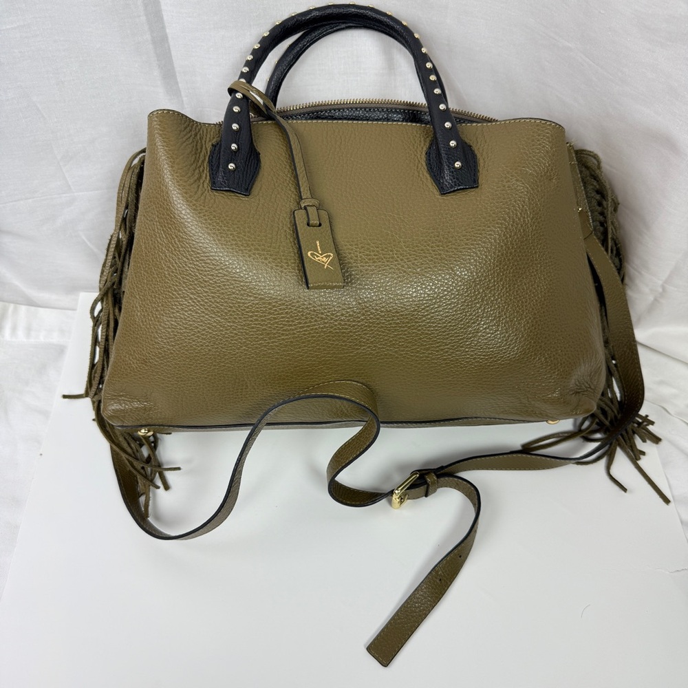 Iacucci Olive Green Leather Bag, Side Fringes and Studded Handles - Buttery soft